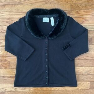 Vintage First Issue Liz Claiborne Black Button-Up Cardigan with Faux Fur Collar